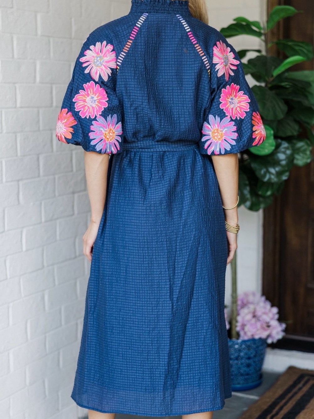 THML The Consistency Navy Embroidered Midi Dress with Tie Belt - Picture 3 of 10